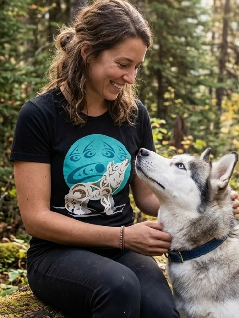 Black Graphic Wolf Print Tee - Women